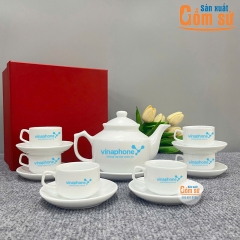 Bộ ấm chén vuông Bát Tràng sứ trắng in logo