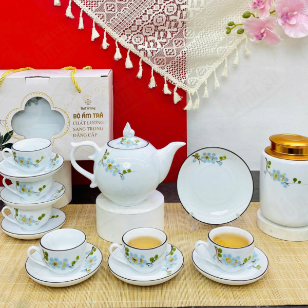 Bộ ấm chén họa tiết hoa xanh kèm hũ - BATHT01