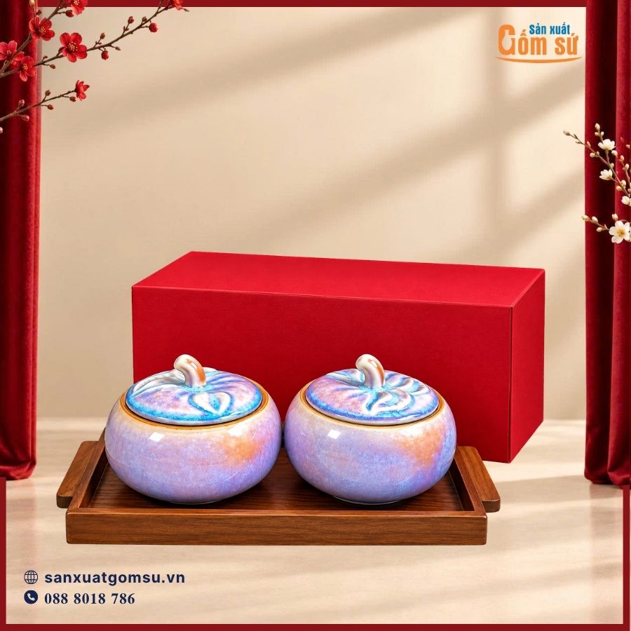 Bộ đôi hũ đựng mứt dáng bí men hỏa biến