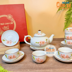 Bộ ấm chén Bát Tràng hoa đào hồng kẻ chỉ nâu
